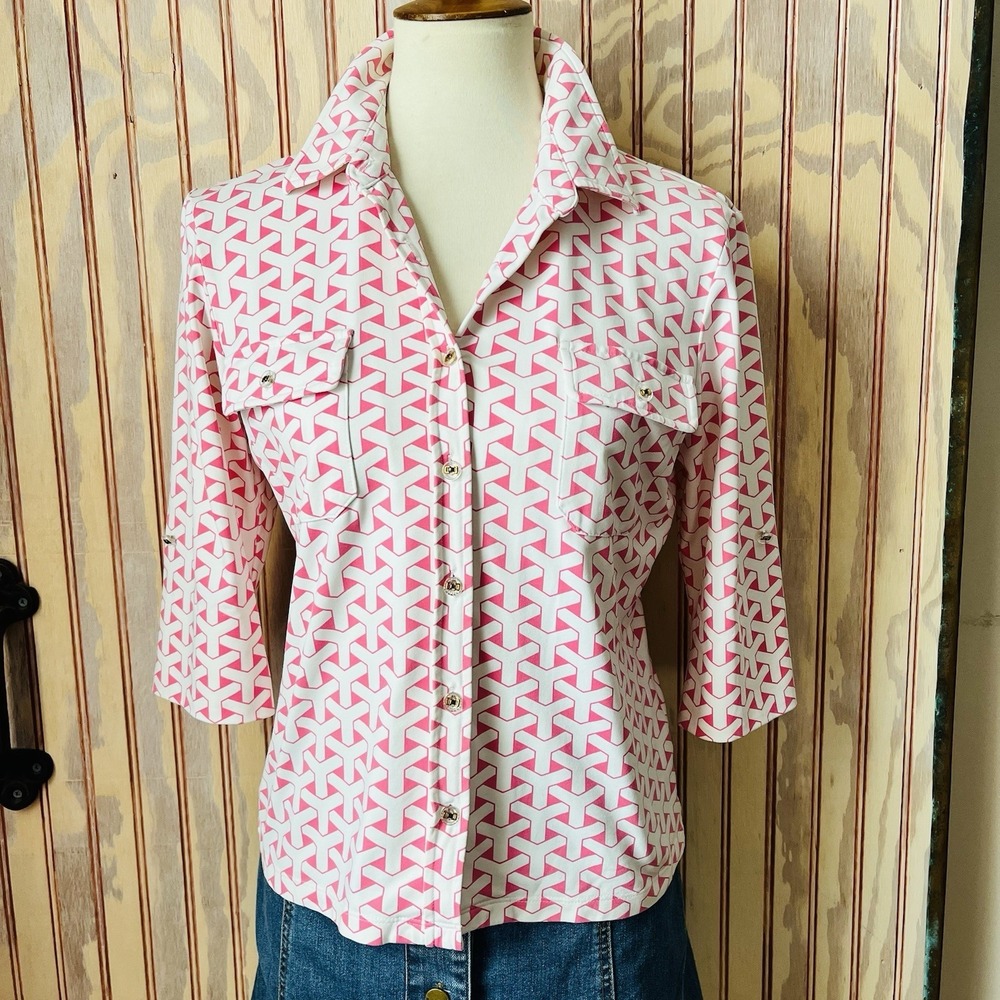 J McLaughlin Pink Geometric‎ Button Front Blouse Roll Tab Sleeve Resort Top S